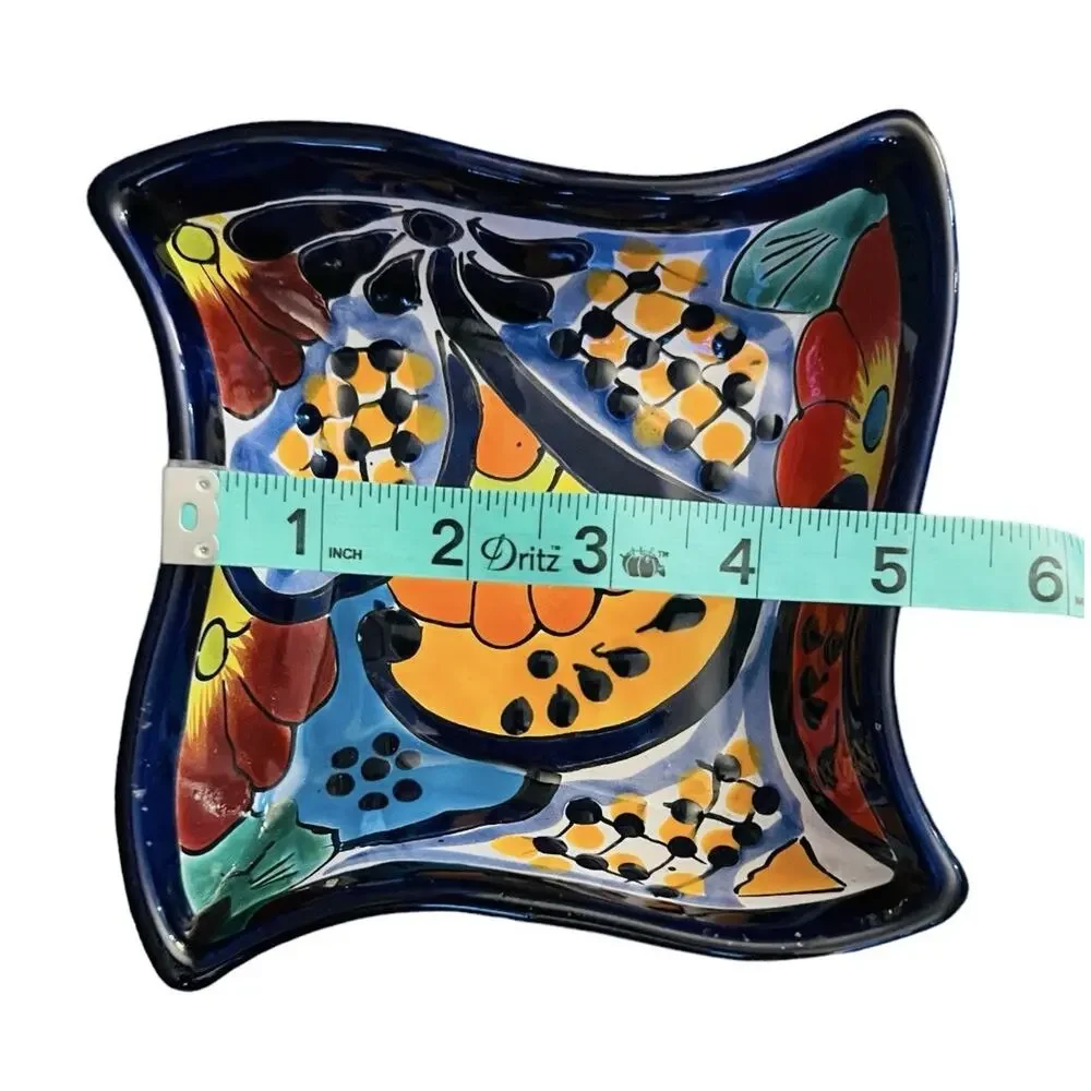 Talavera Enchanted Mexican Pottery Square Blue Floral Small Wavy 7” inch